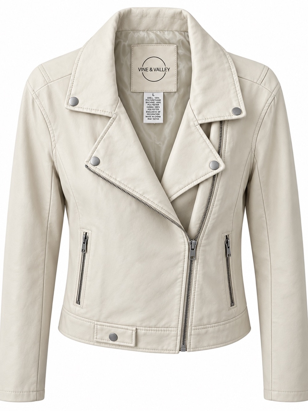 Vine & Valley Ivory Cream Faux Leather Moto Biker Jacket L